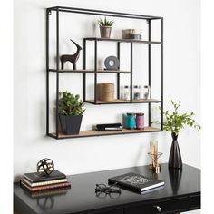 a shelf with books and other items on it