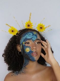 Van Gogh Costume Women, Creative Make Up Looks Art, Van Gogh Makeup Art, Van Gogh Halloween Costume, Blue Face Paint Ideas, Van Gogh Makeup, Van Gogh Costume