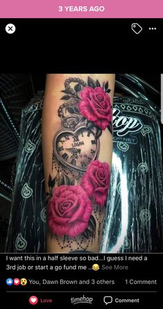 a woman's leg with pink roses on it and a clock in the background