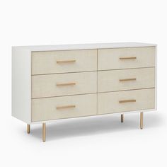 a white dresser with four drawers and two wooden handles on each drawer, against a white background