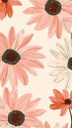 pink and orange flowers on a white background with black dots in the center, as well as brown spots