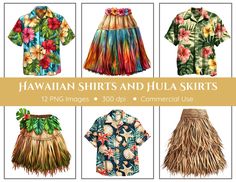 hawaiian shirts and hula skirts are available in sizes ranging from 12 to 20 inches