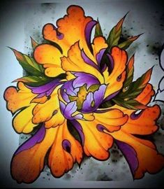 an orange and purple flower with green leaves on the petals is shown in this drawing