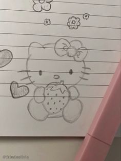 a drawing of a hello kitty holding a strawberry in front of a notepad with the words hello kitty written on it