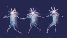 three people holding hands with colored powder on their body and one person standing in the middle