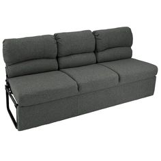 a gray couch sitting on top of a white floor next to a black metal frame