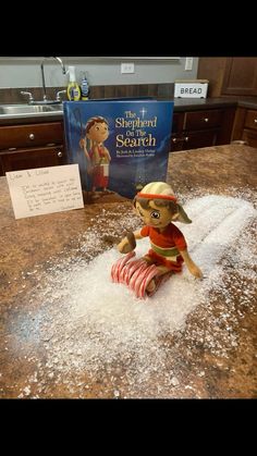 a stuffed animal sitting on top of a pile of white snow next to a book