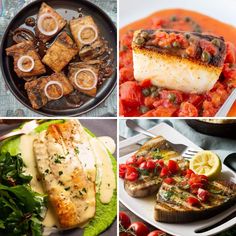 four different pictures with fish and vegetables in them