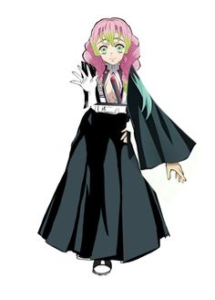 an anime character with pink hair and black dress, standing in front of a white background