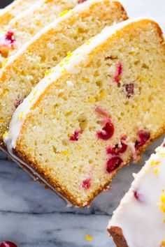 slices of cranberry orange pound cake with icing