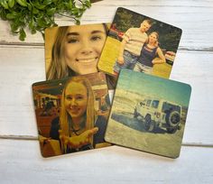 four coasters with pictures of people and trucks on them, one has a woman's face