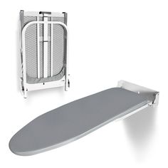 an ironing board next to a white ironing board with a gray cover on it