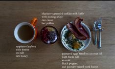 the breakfast is prepared and ready to be eaten with coffee, bacon, cranberry tea, walnuts, sea salt, and honey