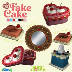 a set of four cakes with different toppings on them and the words fake cake written below