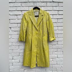 Absolutely Stunning King Lime Green Etro Milano Trench Coat Practically New Small Spot On Left As Pictured Under Arm Shoulder Length 40” Pit To Pit 18” Shoulder To Shoulder 15-17” Sleeve 22” Cuff 2” Waist 16” Across Waist 30” Around Neck Opening 4.5” Across Elegant Green Silk Outerwear, Silk Long Coat Formal Outerwear, Spring Silk Outerwear For Formal Occasions, Silk Outerwear For Spring Formal Occasions, Spring Formal Silk Outerwear, Fitted Silk Long Coat, Elegant Yellow Spring Blazer, Tailored Silk Outerwear For Spring, Chic Silk Single-breasted Outerwear