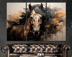 a painting of a horse on a wall in a living room with leather couches