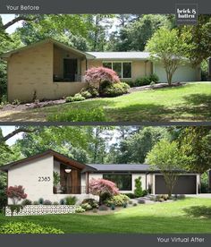 before and after photos of a house in the suburbs, with landscaping on both sides