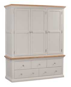 a white armoire with drawers and cupboards on it's sides, against a white background