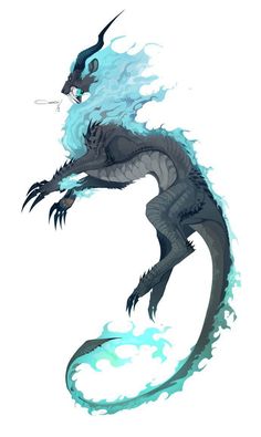 a drawing of a black dragon with blue water around it's body and wings