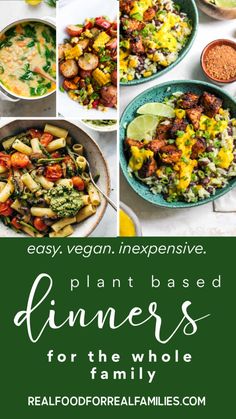 an image with the words plant based dinners for the whole family on it and images of different dishes