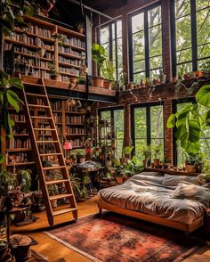 a bed sitting in the middle of a room filled with plants