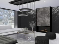 a modern living room with black and white decor