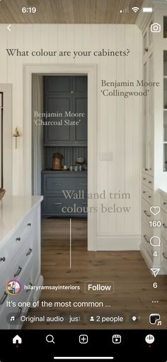 an image of a kitchen with white cabinets and wood flooring on the walls, along with text describing what color are your cabinets?