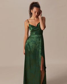 The Green Cowl Neck Jacquard Satin Maxi Dress & Reviews - Green - Dresses | RIHOAS Tailored Clothes, Vintage Slip, Dress Slip, Multi Dress, Custom Size Dresses, Maxi Robes, Satin Maxi, Dress Satin, Satin Maxi Dress