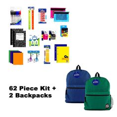 two backpacks with school supplies on them and the text, 52 piece kit + 2 backpacks