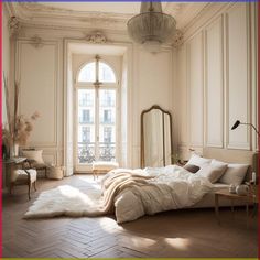 a bedroom with a large bed, mirror and window in it's center area