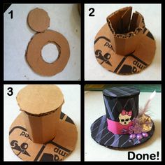 four pictures showing how to make a top hat out of cardboard boxes and paper plates