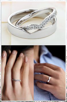 three different views of wedding rings with diamonds on them and in the middle one is a woman's hand