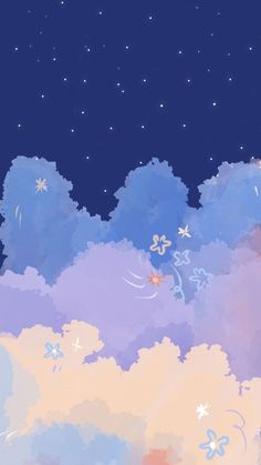 the sky is full of stars and clouds with blue, pink, yellow and purple colors