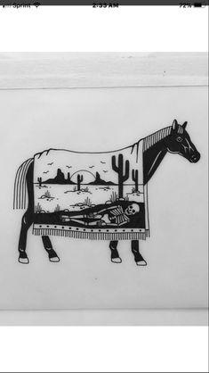 a black and white drawing of a cow with a mexican scene on it's back