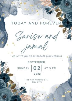 a wedding card with flowers and leaves on it