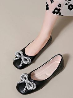 Trendy Pointed Toe Flat Shoes with Bow Tie Accent for Women - Slip On Summer Slip-on Closed Toe Ballet Flats, Casual Heels With Bow And Pointed Toe, Casual Pointed Toe Heels With Bow, Synthetic Closed Toe Ballet Flats For Parties, Black Slip-on Ballet Flats For Summer, Black Pointed Toe Flats With Flat Heel For Summer, Casual Ballet Flats For Summer Evenings, Casual Evening Ballet Flats For Summer, Casual Summer Evening Ballet Flats