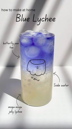 a blue and white drink with ice in it's glass, labeled how to make at home