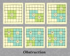 four squares that have different shapes and numbers on them, with the words obstruction