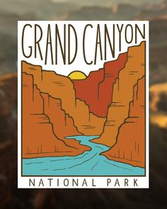 the grand canyon national park logo on a blurry photo with mountains in the background