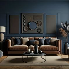 a living room with blue walls and furniture in the corner, including a brown couch