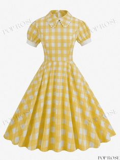 Poprose - 1950s-Style Gingham Fashion Dress for Women - Short Sleeves Fitted Retro Vintage Dress For Picnic, Retro Fitted Gingham Vintage Dress, Fitted Gingham Retro Vintage Dress, Fitted Vintage Gingham Dress In Retro Style, Retro Gingham Dress For Spring, Fitted Gingham Vintage Dress, Retro Gingham Plaid Dress For Spring, Retro Gingham Plaid Spring Dress, Retro Plaid Dress For Picnic