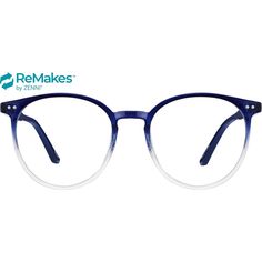 Part of our ReMakes sustainable eyewear collection Baltic is a modern take on classic round glasses made with 100% certified recycled post-consumer plastic. The lightweight matte eyeglasses features a timeless double metal dot detail at the corners wears comfortably all day. Each Remakes purchase includes a pouch/lens cloth made from sustainable materials. | Zenni Round Prescription Eyeglasses Blue Eco Artsy Vibe, Round Eyeglasses Frames, Diamond Face Shape, Zenni Optical, Diamond Face, Round Glasses, Round Eyeglasses, Prescription Eyeglasses, Sustainable Materials