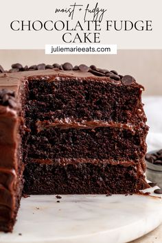 a chocolate fudge cake on a white plate