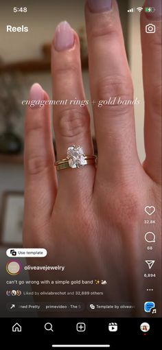 a woman's hand with a ring on it and the words engagement rings gold bands