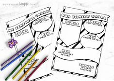 two printable coloring pages with colored pencils next to them