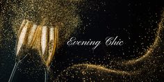 two champagne flutes with gold glitter and the words evening glo written in white ink