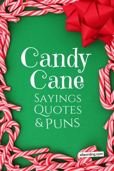 candy cane sayings quotes and puns on green background with red bow in center