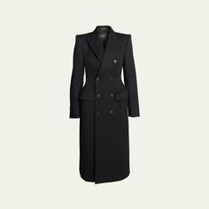 Balenciaga hourglass coat Peak lapels; double-breast Long sleeves; button cuffs Chest welt pocket; hip flap pockets Mid length Wool/cupro/cotton Made in Italy Hourglass Coat, Style Moodboard, Wool Coat, Welt Pocket, Mid Length, Double Breasted, Balenciaga, Personal Style, Tops Designs