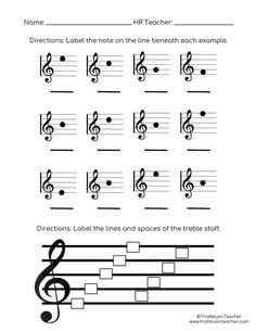 music worksheet with notes and trebles for kids to practice their musical skills