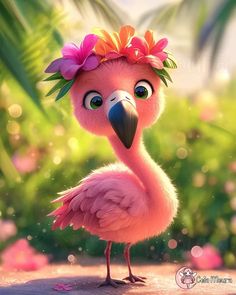 a pink flamingo with flowers on its head